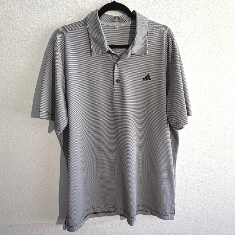Adidas Mens XL Polo Shirt Grey White Micro Stripe Short Sleeve Golf Performance